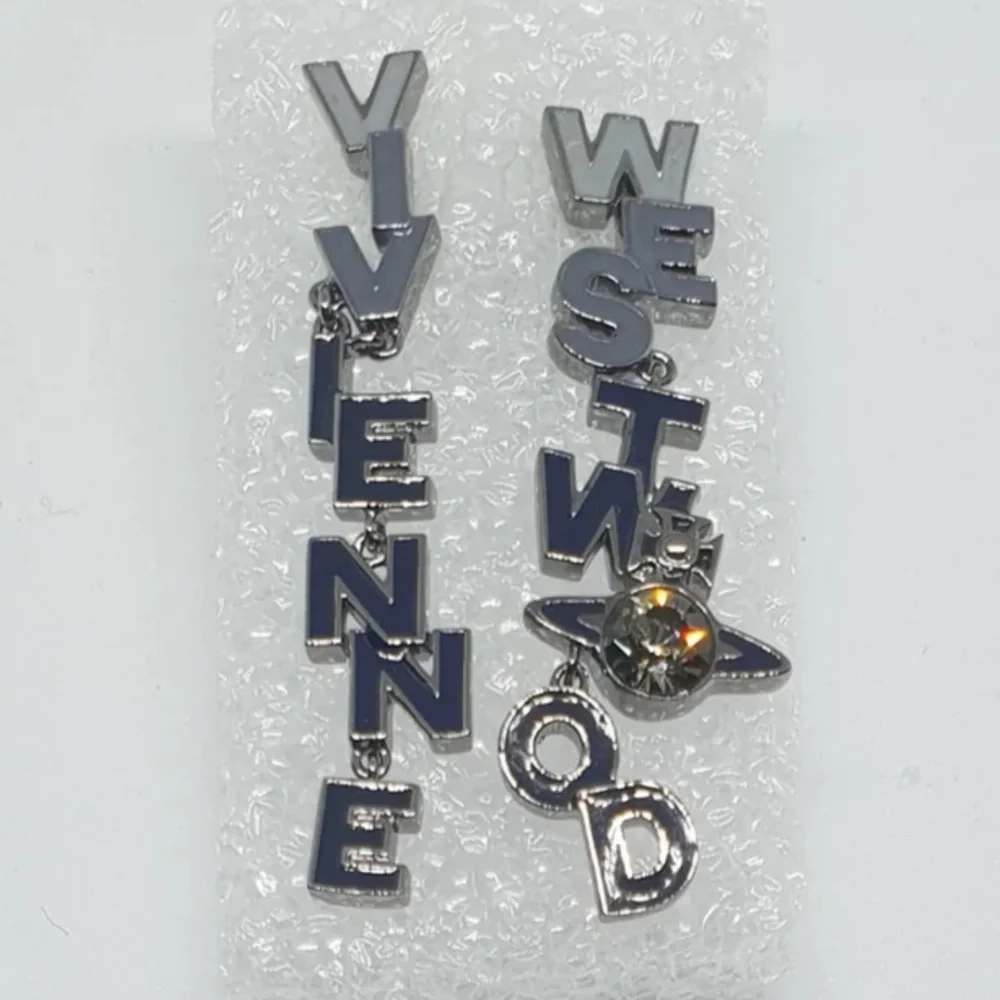 VIVIENNE WESTWOOD Soho Enamel Drop Logo Letter Earrings Blue Silver Crystal Orb - Picture 4 of 14